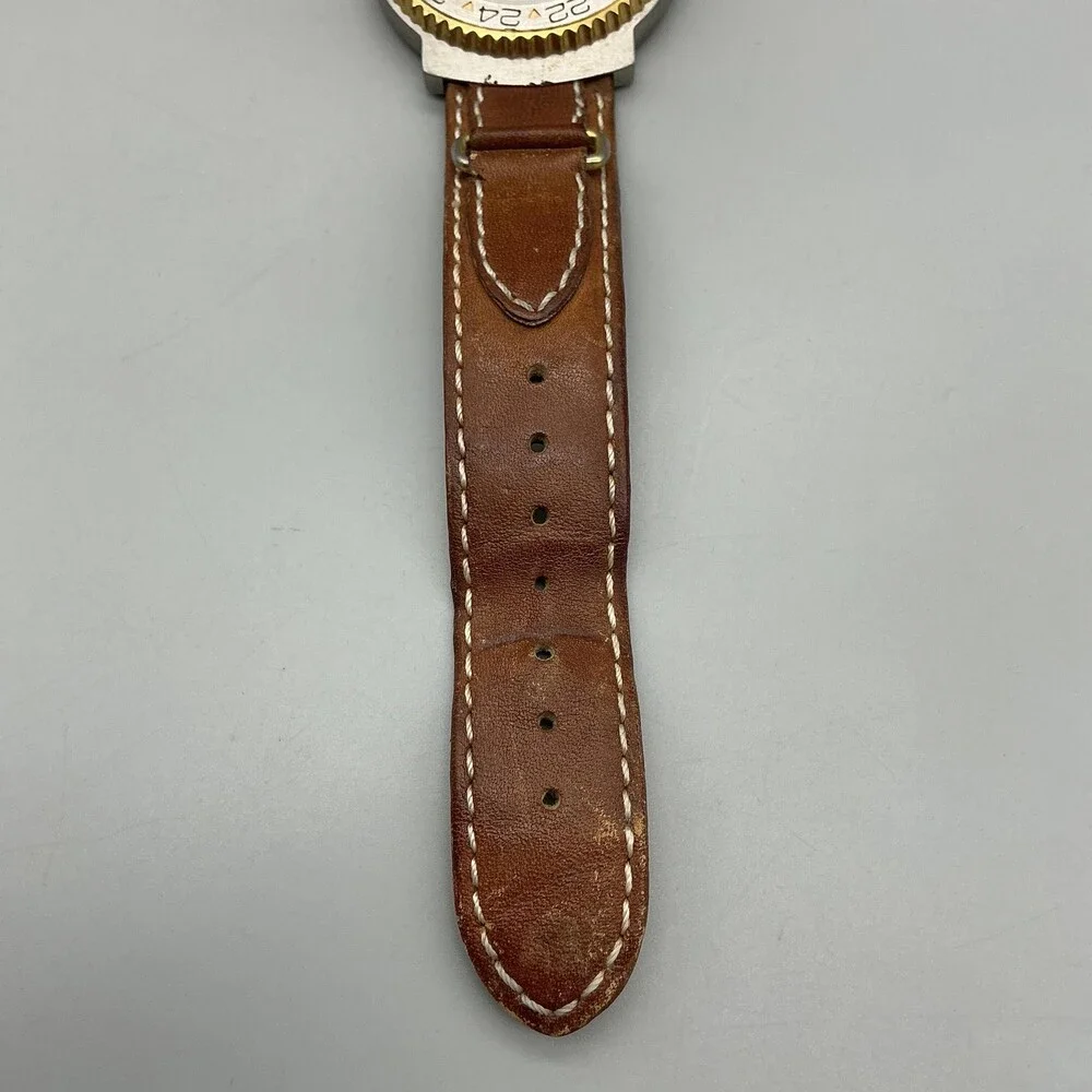 Vintage Helbros Mens Watch 37mm Leather Two Tone Bezel Date New Battery